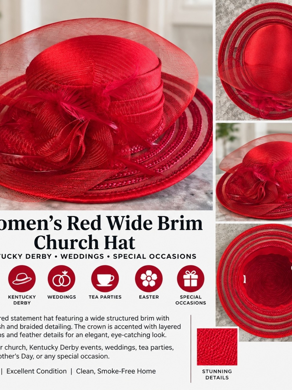 Women’s Red Wide Brim Kentucky Derby Church Hat Feather Mesh Formal Occasion Hat